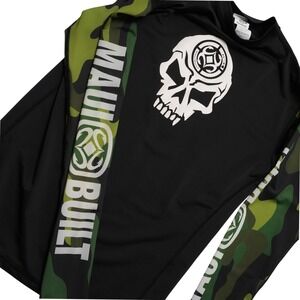 Maui Built Rash Guard Men Small Black Camo Skull Graphic Long Sleeve Swim Shirt